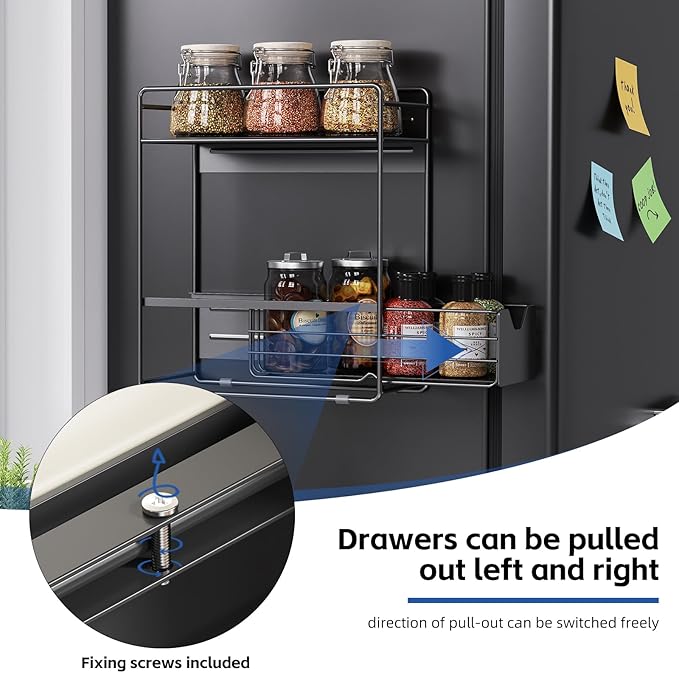 2 Tier Magnetic Shelves for Washing Machine with Pull Out Metal Drawer,Magnetic Spice Rack for Fridge,Magnetic Rack with no Installation, Versatile Storage Organizers for Home (Black, 2 Tier)