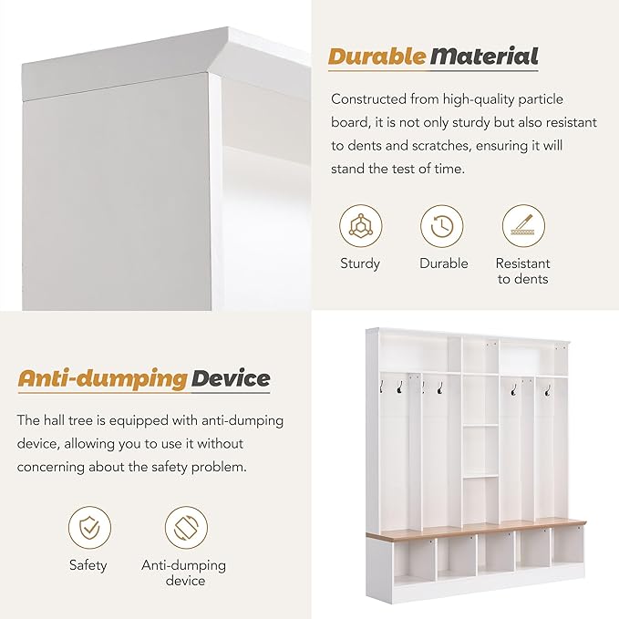 4-in-1 Wide Design Hall Tree with Storage Bench, Minimalist Shoe Cabinet with Cube Storage & Shelves, Multifunctional Coat Rack with 8 Hooks for Entryways Mudroom