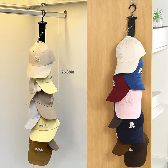 Resdenio 2 Pack Hat Organizer for Baseball Caps, Hat Hanger Storage Hat Racks with Adhesive Hook, 2 Straps Wall Mounted Hat Clip Hold up to 16 Hats for Room Closet Display (Black)