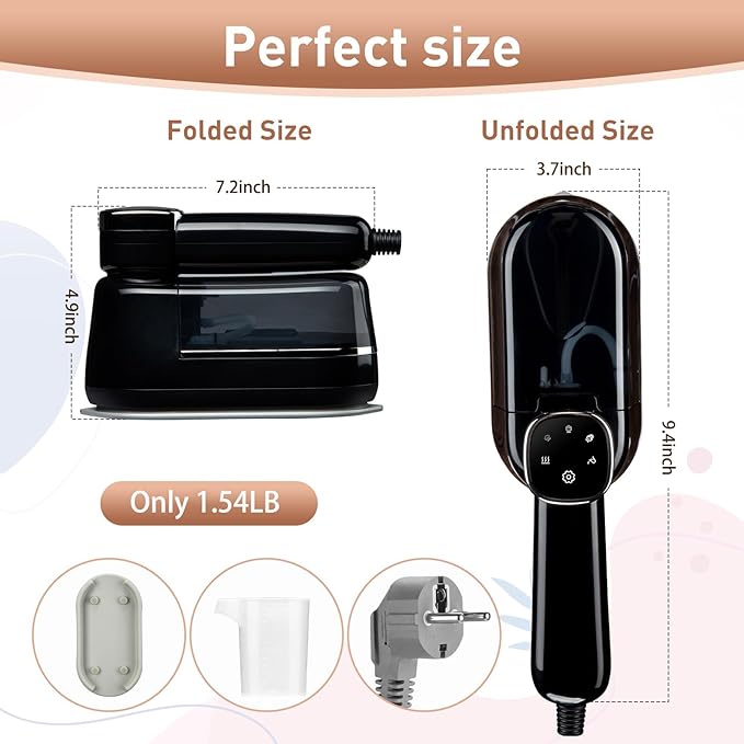 Travel Steamer for Clothes， 4-Speed Steam Adjustable Handheld Iron with LCD Display Screen, 5S Rapid Preheating 1300W Clothes Hanging Ironing Machine, Suitable for Home, Dormitory & Travel (Black)