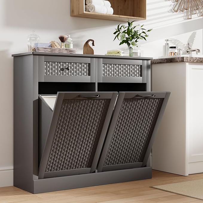 Double Tilt Out Laundry Hamper Cabinet, Rattan-Style Laundry Room Organization with Removable Laundry Basket, Hidden Wood Dirty Clothes Hamper with Drawers, 39" L x 13" W x 35.8" H, Gray