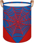 Large Laundry Hamper Basket Blue Spider Web Round Collapsible Storage Organizer Bin for Kids Room, Boys, Nursery, Closet, Bedroom, Playroom, Toys, Dirty Clothes, 16"W x 20"H