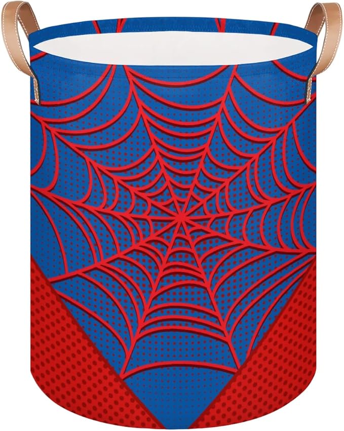 Large Laundry Hamper Basket Blue Spider Web Round Collapsible Storage Organizer Bin for Kids Room, Boys, Nursery, Closet, Bedroom, Playroom, Toys, Dirty Clothes, 16"W x 20"H
