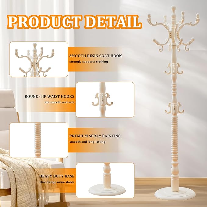 Coat Rack Stand Wood Vintage Coat Tree Freestanding with Adjustable Height 47’’-73’’, Cloth Tree Wooden Coat Freestanding for Entrance, Living Room