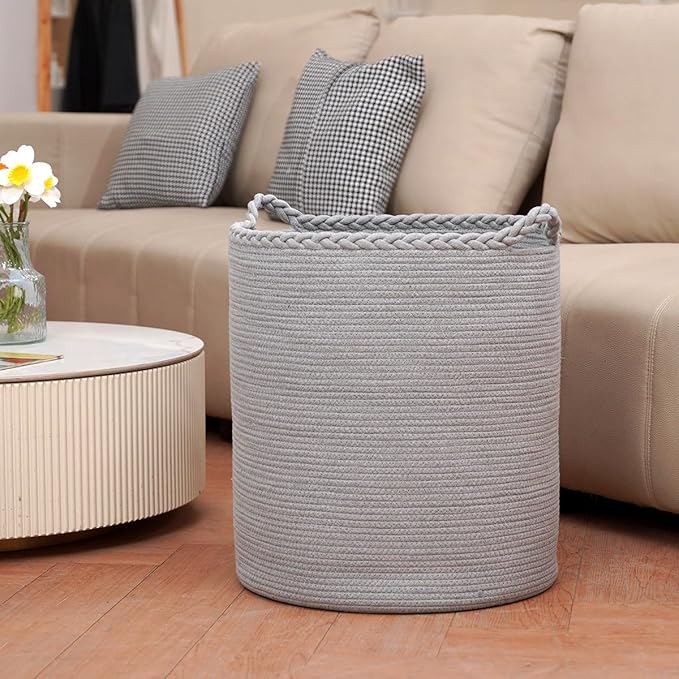 90L Oversize Woven Laundry Basket,Cotton Tall Laundry Hamper for Blankets,Clothes,Pillows,Toys,Shoes Large Laundry Bin Grey