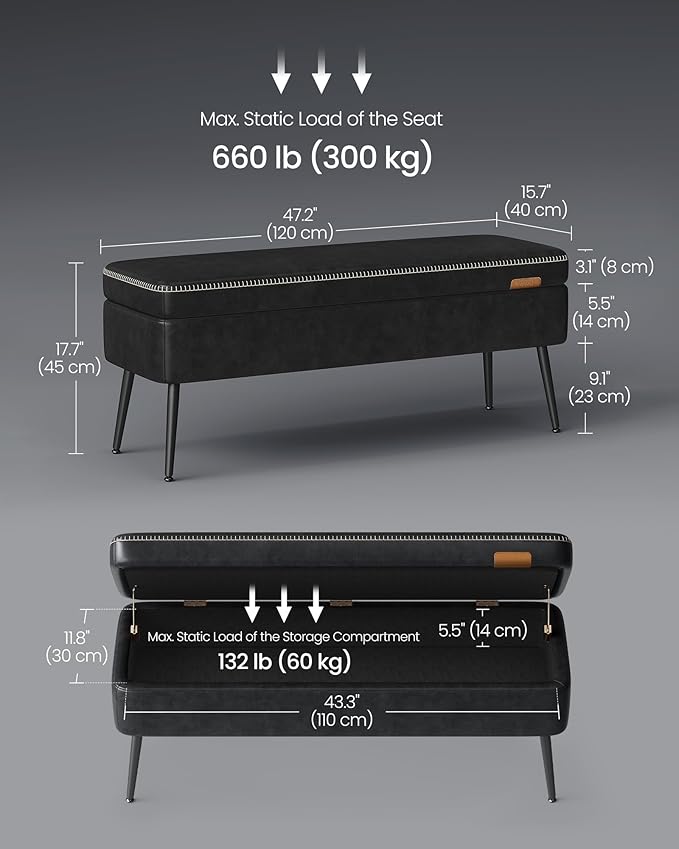 VASAGLE EKHO Collection - Storage Ottoman Bench, Entryway Bedroom Bench, 15 Gallons, Synthetic Leather with Stitching, Mid-Century Modern, Safety Hinges, Loads 660 lb, Ink Black ULOM074B01