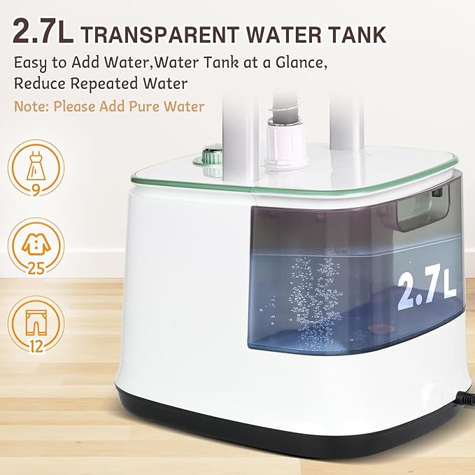 ADVWIN Steamer for Clothes, 2000W Powerful Standing Garment Steamer, 10 Steam Levels, 2.7L Water Tank for 90 Mins Continuous Steaming, Home & Commercial Use, Hanger, Gloves, Fabric Brush (Green)