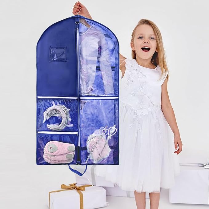 1 Pack Garment Bag for Travel Storage,Dance Costumes Competition Bag,Girls Dress Recital Dance Bag Kids Garment Bags for Hanging Clothes,Clear Cheer Uniform Garment Bag with Buckle.Blue