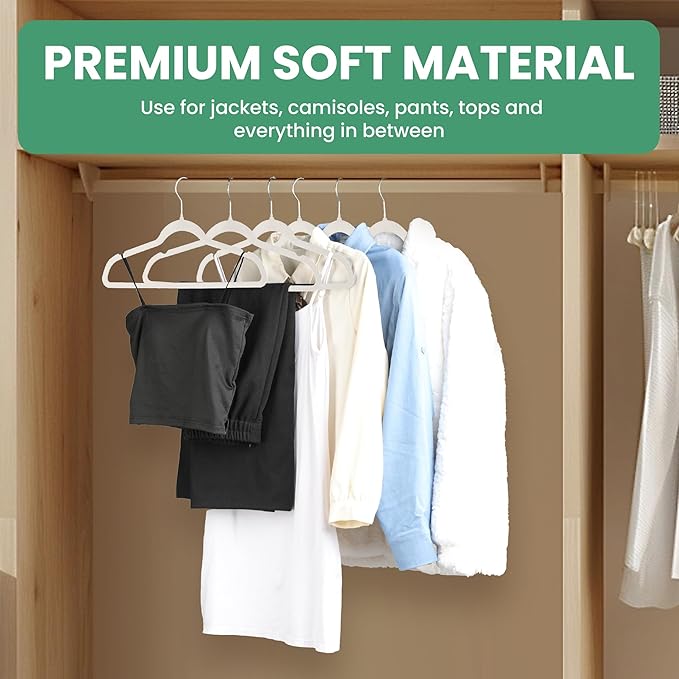 InfiniPower 50 Pack Velvet Hangers, Heavy Duty Clothes Hangers for Coat, Pants & Dress, Non-Slip Hanger Set with Shoulder Notches, 360° Swivel Hook, Space Saving Felt Hangers, White