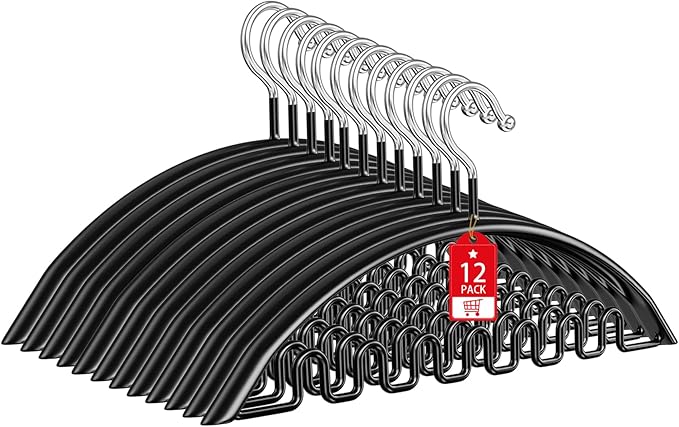 Sweater Hangers No Shoulder Bump, 12 Pack Clothes Hangers Non Slip Heavy Duty Metal Coat Hangers for Closet Organizers and Storage Space Saving Shirt Hanger for Suits Dresses Jackets Bra Shirt Black