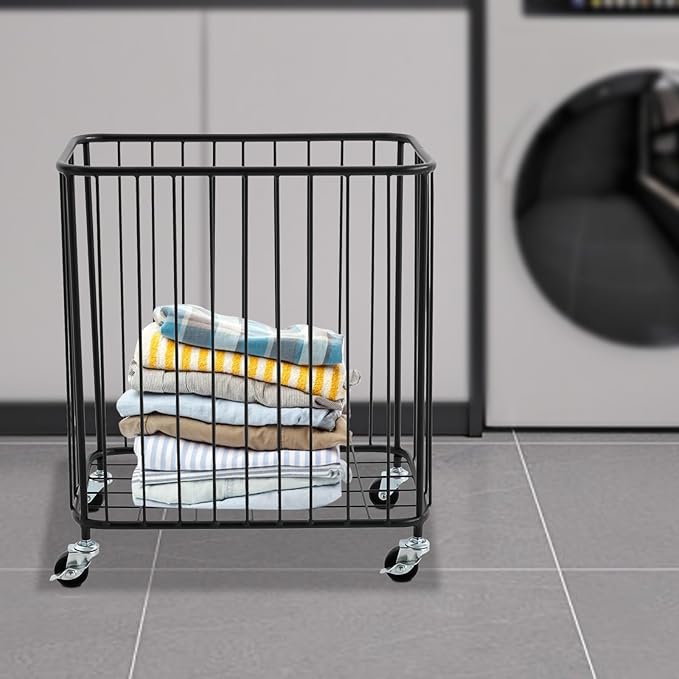 Rolling Laundry Hamper, Large-size Metal Laundry Basket Cart w/Wheels, Wheeled Clothing Hamper for Home, Hotel, Mall, Bathroom, Bedroom and Commercial Laundries (Black)