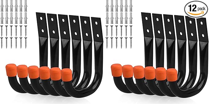 HORUSDY 12-Pack Heavy Duty Metal Wall Hooks, Large Garage Storage & Organization Hooks for Tools, Extension Cords, Ladders, and Bags, Wall Mount J Hooks for Indoor Outdoor Use, Black