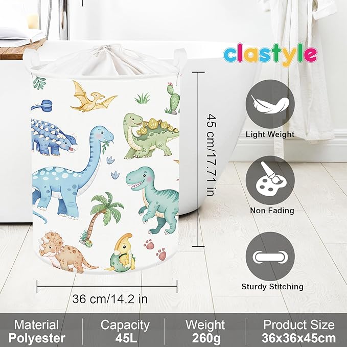 Clastyle Boho Dinosaur Laundry Basket Palm Tree Kids Clothes Book Storage Basket Gift Toy Box for Bedroom Decor,Pterosaur,36x45 cm