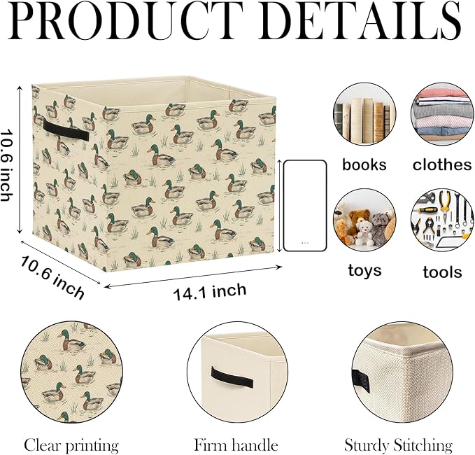 Vintage Mallard Duck Storage Bin Box with Handles, Rustic Pond Mallard Duck Foldable Baskets Organizer for Kids Room Nursery Bedroom Bathroom Clothes Toys Books, Toybox for Boys