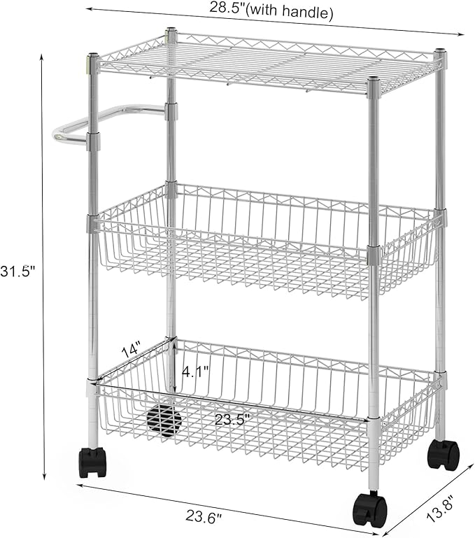 3 Tier Rolling Storage Cart, Adjustable Wire Storage Shelving Unit, Kitchen Cart On Wheels with Basket and Handle, Metal Organizer Wire Rack for Laundry Bathroom Pantry Room, Chrome