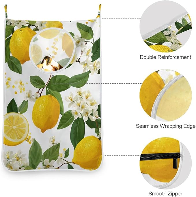 Lemon Branch Flower Hanging Laundry Hamper Door Hampers Bag Basket with Stainless Steel Hooks Oxford Fabric Printing Decorative Clothes Bags 29.5X20inch 2Pack