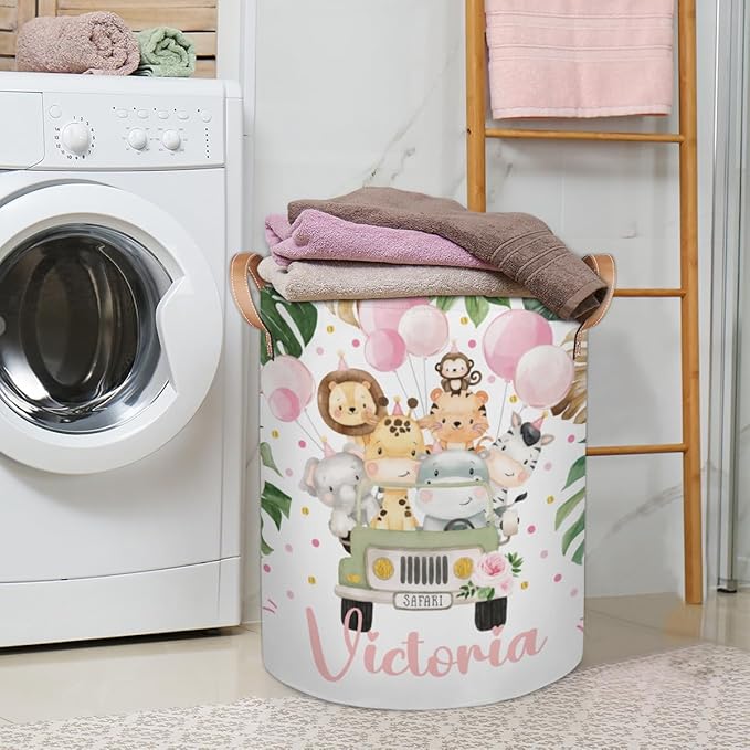Personalized Laundry Basket, Custom Gift Laundry Hamper, Collapsible Nursery Waterproof Laundry Baskets, Dirty Clothes Toy Hamper with Handles Jungle Safari Animals