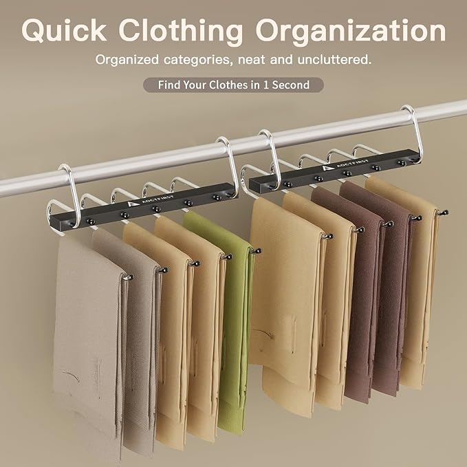 Pants Hangers Space Saving 2 Pack - 5 Tier Heavy Duty Closet Organizer for Jeans, Skirts, Shirts - Metal Hooks with Anti-Slip Design for Dorm, Apartment, Bedroom Storage