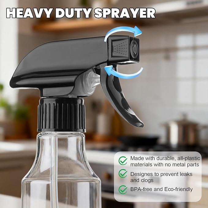Spray Bottles 12oz/350ml Empty Spray Bottle for Hair Plastic Mist/Stream Spraying Heavy Duty Spray Bottles for Cleaning Solutions, Plants 2 Pack (BlackClear)