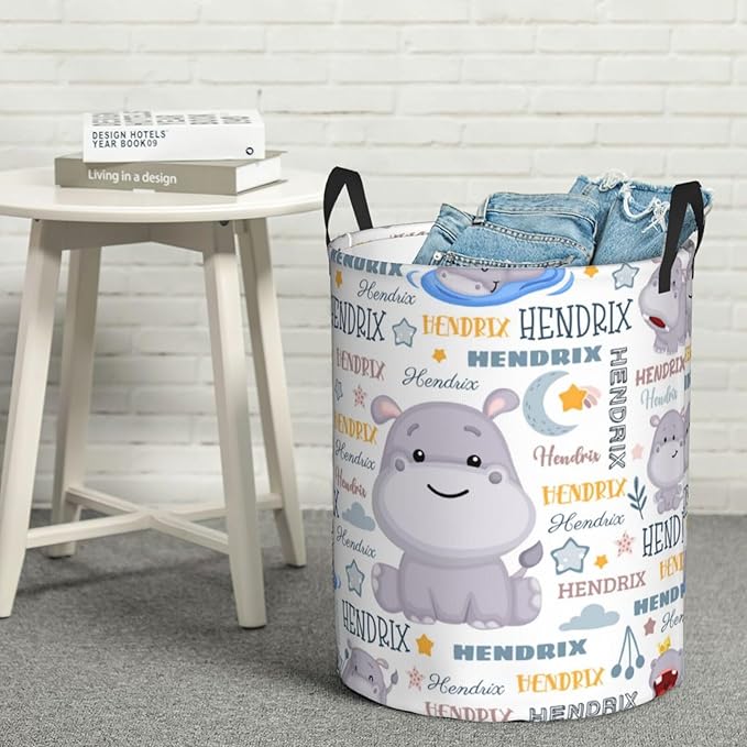 Hippo Laundry Basket,Personalized Laundry Hamper for Boys Girls,Custom Laundry Basket With Name, Customized Dirty Clothes Hamper for Bathroom Bedrooms,M-19.5"X 15.7"