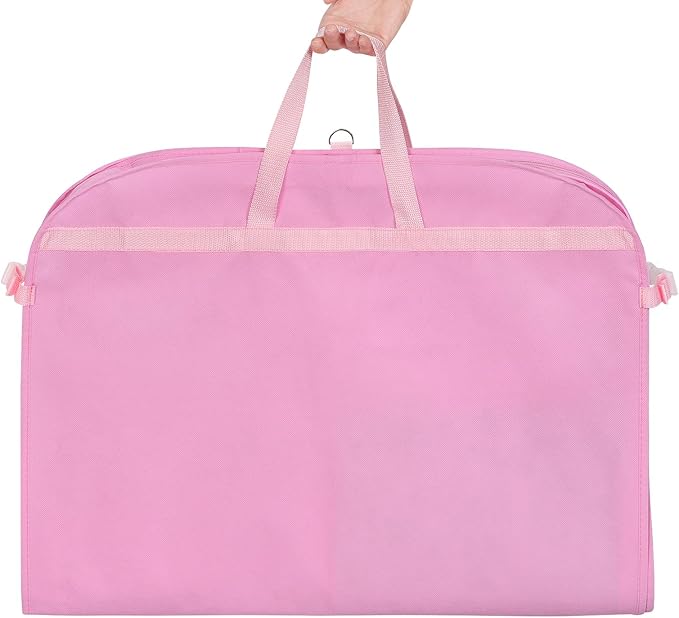 Univivi 40 Inch Kids Garment Bags for Dance Costumes, 3 Medium Clear Zipper Pockets and 2 Back Zippered Pockets for Hanging Clothes, Travel Storage - Pink