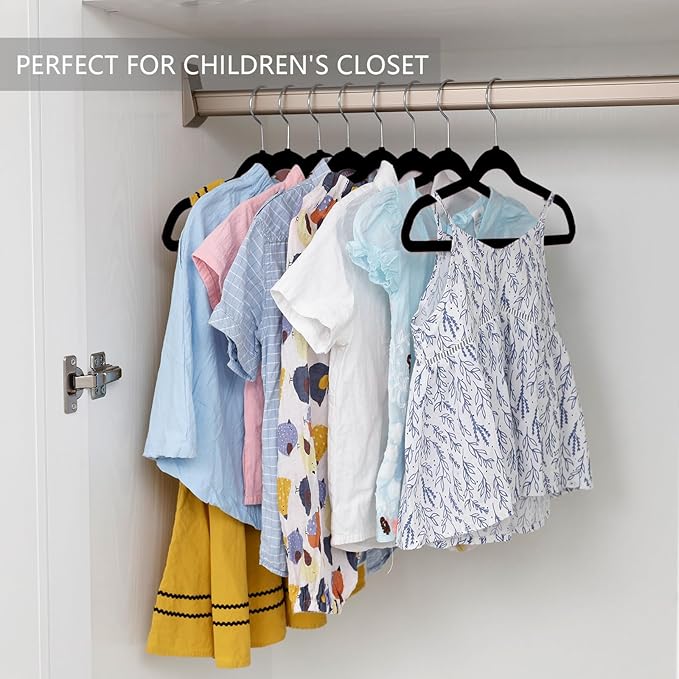 MIZGI Kids Velvet Hangers,Non-Slip Big Kids Hangers,14 Inch Hangers for Youth,Teen Clothes,Pack of 50（Black/Silver）