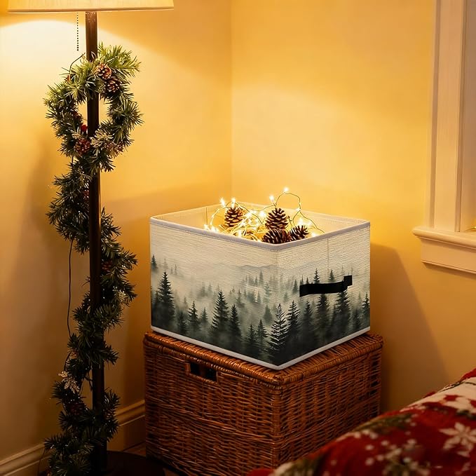 Misty Foggy Mountain Storage Bins, Forest Green Nature Landscape Foldable Closet Organizers Storage Basket Toybox for Clothes Bed Sheets Blankets Toys