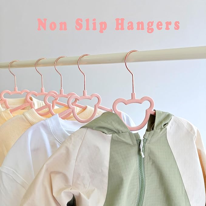 60 Pack Pink Velvet Kids Clothes Hangers - 12.6in for Ages 4-10, with Cute Bear, Rotating Rose Gold Hook, Non-Slip, Space-Saving Slim Felt Hangers for Toddler Coats, Jackets, Dresses