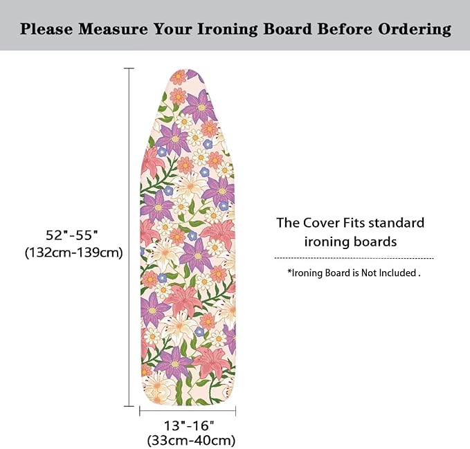 Flashideas Flower Ironing Board Cover and Pad 15x54 Inch Standard Ironing Board Cover with Elastic Edge and Hook and Loop Fasteners Scorch and Stain Resistant Cotton