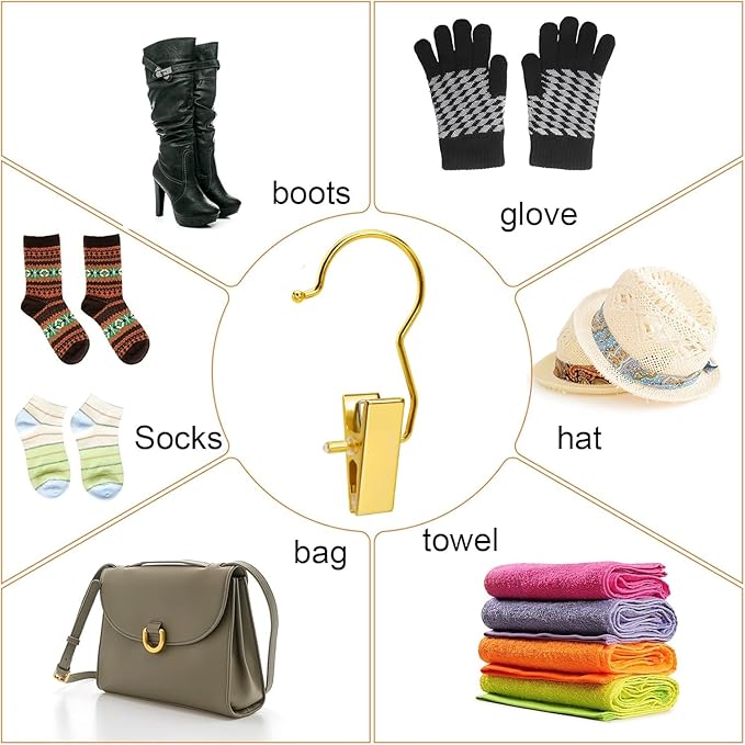 Amber Home 24 Pack Gold Boot Clips for Closet, Gold Boot Hangers with Hooks, Laundry Hooks, Clothes Pins, Portable Home Travel Hangers for Hat, Towels, Bras, Socks