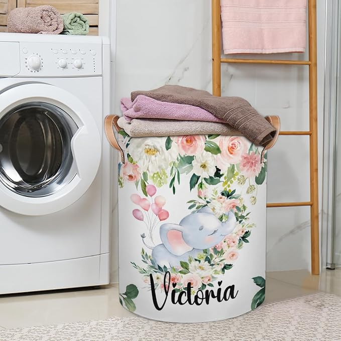 Personalized Laundry Basket, Custom Gift Laundry Hamper, Collapsible Nursery Waterproof Laundry Baskets, Dirty Clothes Toy Hamper with Handles Pink Floral Elephant Sleep