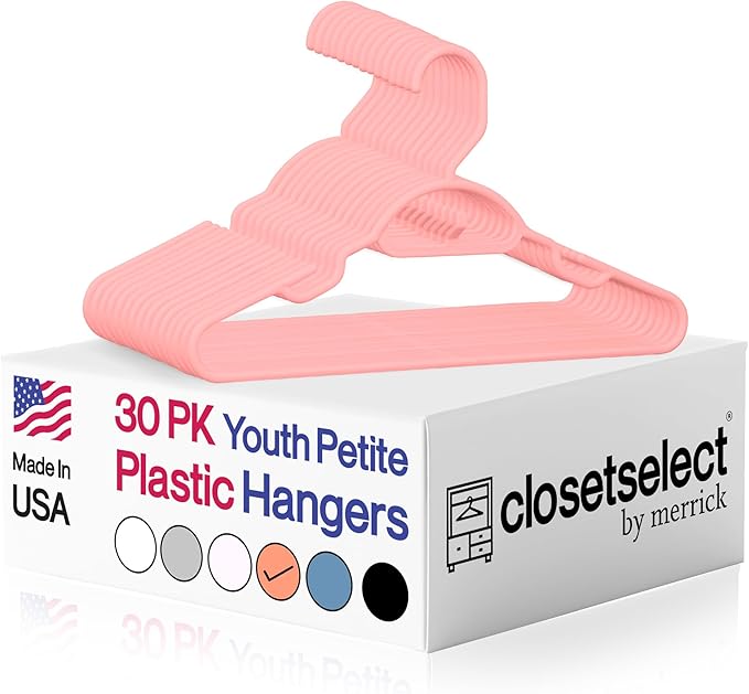 Kids Hangers 30 Pack - 13 Inch Plastic Youth Petite & Childrens Hangers for Closet, Baby Hangers for Children Clothes Sizes 4 to 10, Non-Slip Infant Hangers with Shoulder Grooves | Peach