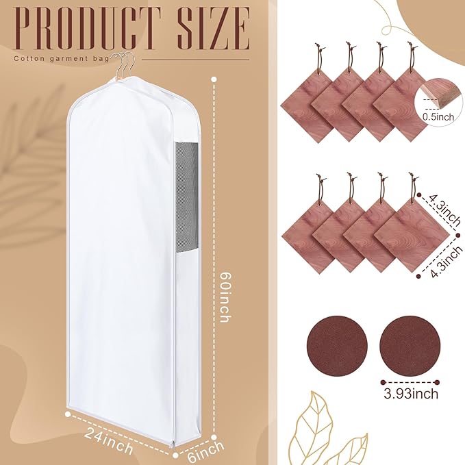 2 Sets 60'' x 24'' x 6'' Long Cotton Garment Bags for Hanging Clothes and Storage, 8 Cedar Blocks for Fresh Smell and Moth Protection, Breathable Covers for Closet Suits Fur Coats Sweaters
