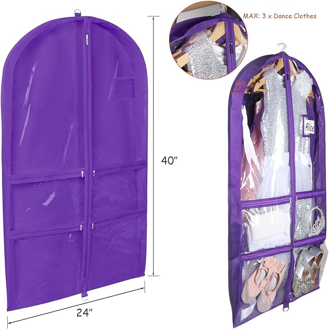 Syeeiex 3" Gusseted Clear Dance Costume Garment Bag(5 Pack), 40'' Dance Garment Bags for Dancers with 4 Zipper Pockets & Can Hold 1-3 Dance Costumes - Suitable for Dance Competitions, Ballet(Purple)