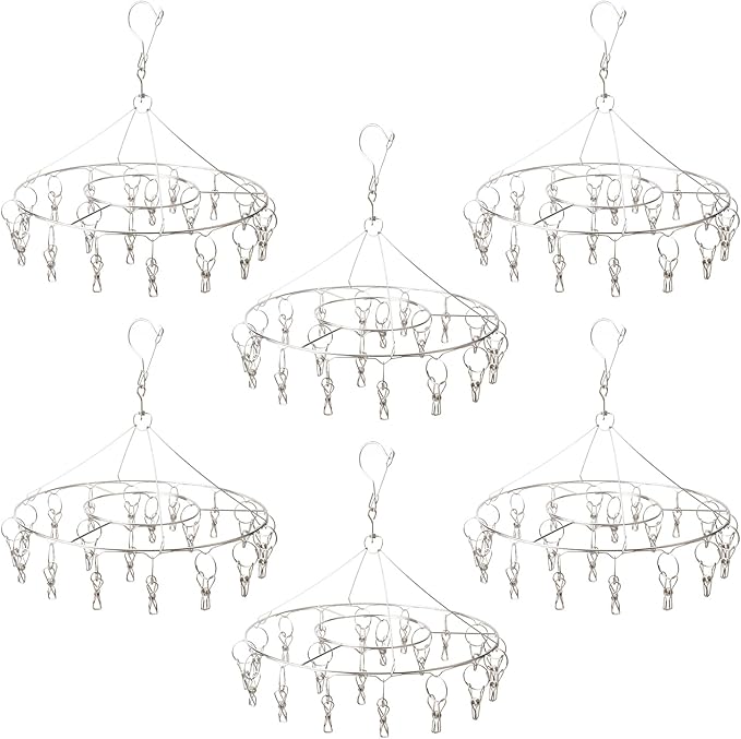 6 Pack 13 inch Round Stainless Steel Drying Rack with 20 Clips, Swivel Sock Drying Rack with Windproof Clips, Stainless Steel Clothes Hanger for Bras, Clothes, Sock & Underwear Towels