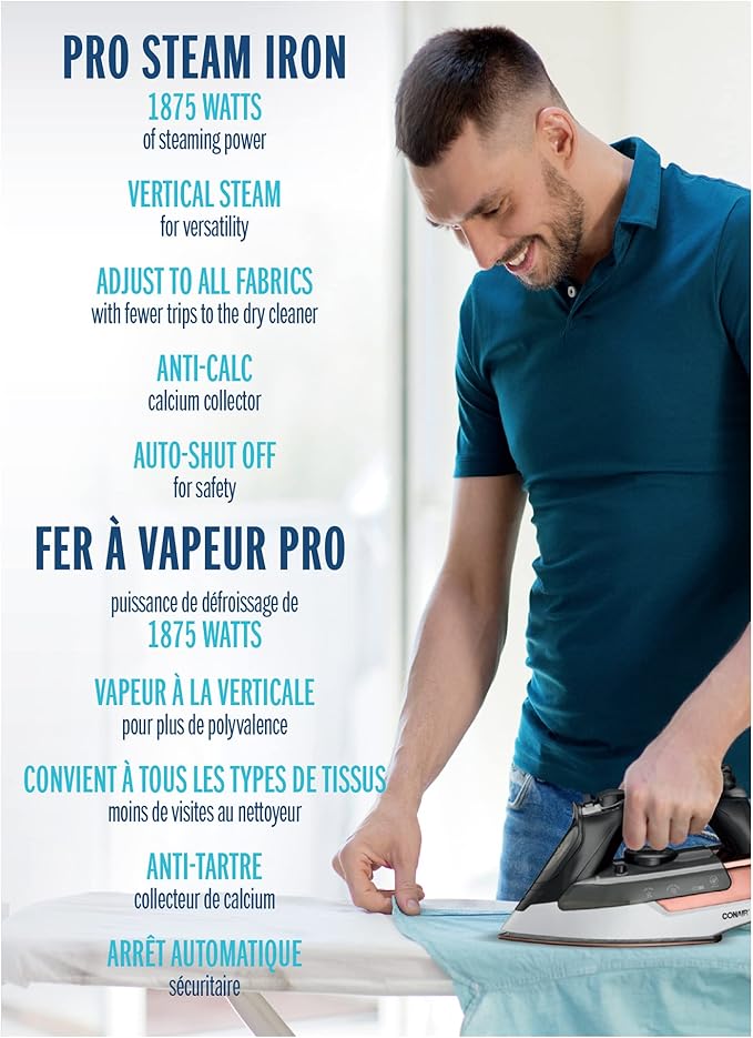 1875 Watt Self Cleaning Steam Iron, with 3-Way Auto Shut Off and Nano Titanium Soleplate