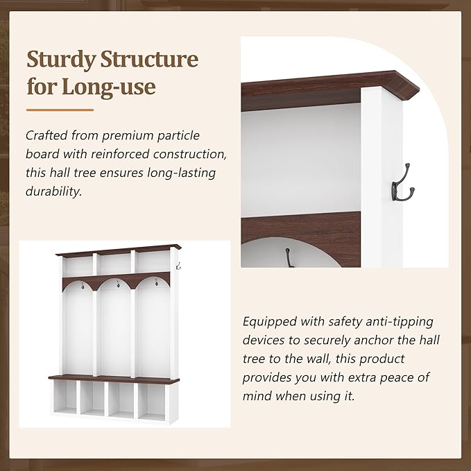 Farmhouse 59" Wide Hall Tree with 5 Black Hooks and Arched Design, Wood Grain Bench with Open Compartments, 4-in-1 Hallway Shoe Cabinet for Mudroom, Living Room (White-9.9)
