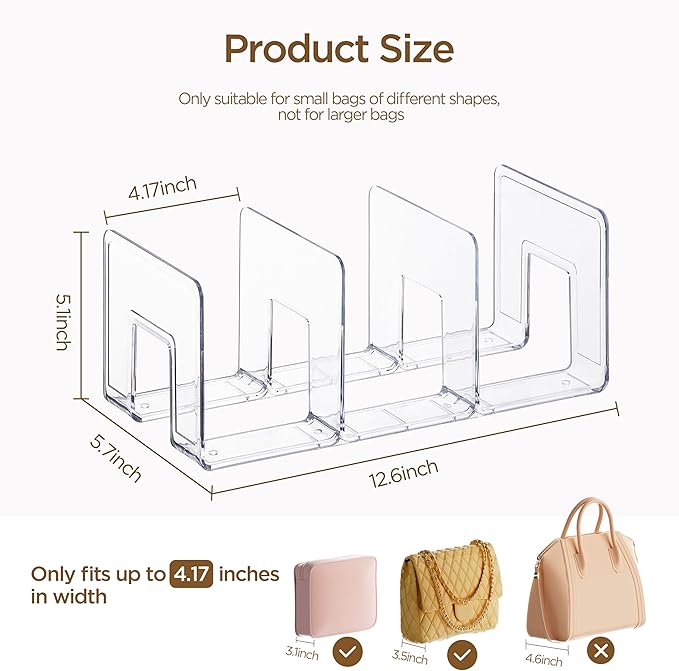 HBlife Purse Organizer for Closet, 3 Sections Widened Clear Handbag Storage Shelf Bag Organizer Acrylic Clutch Dividers for Closet Organizers and Storage, 4 Pack (Fits Up to 4.17 Inch Width Small Bag)