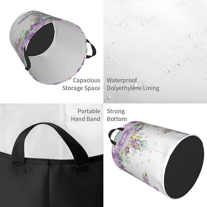 Purple Floral Elephant Personalized Laundry Hamper Custom with Name Collapsible Waterproof Storage Basket with Handles for Bedroom Decor Gift.