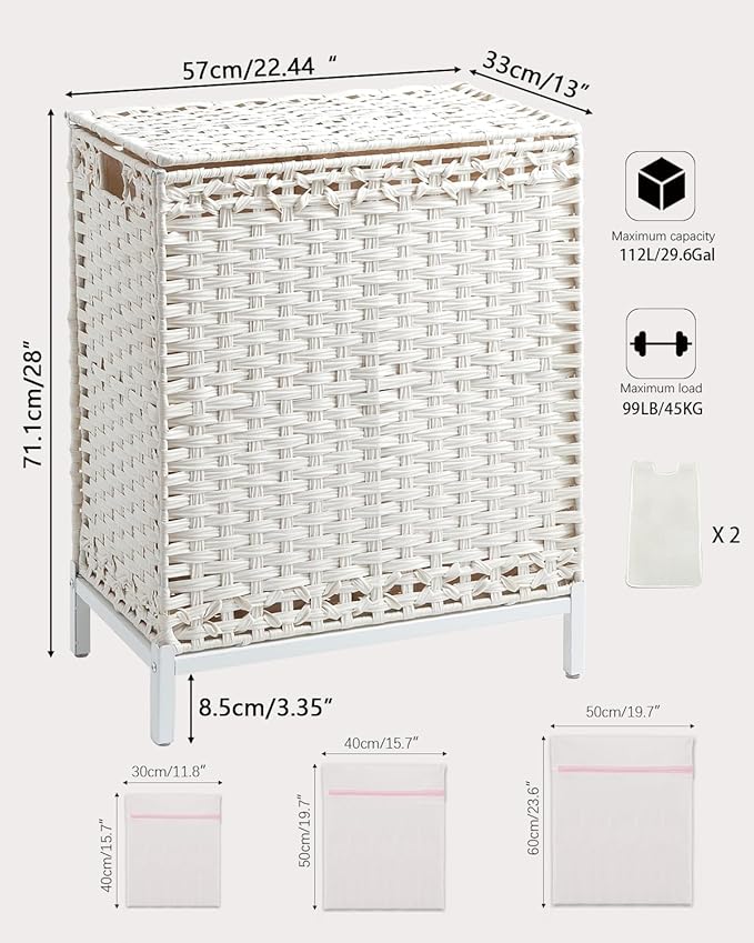 Laundry Hamper with Lid,112 L Handwoven Rattan Wicker Laundry Basket, 2 Removable Liner Bags Metal Heightened Feet,6 Mesh Bags,2 Section Large Clothes Hamper for Bathroom Bedroom, Cloud White