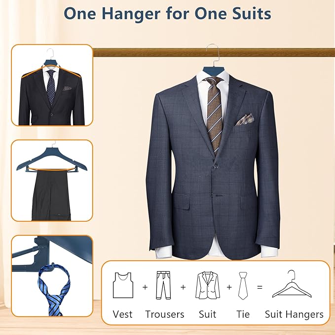 DEDU Plastic Extra Wide Shoulder Suit Hangers for Men 10 Pack Width 17.7", Blue Sweater Hangers no Shoulder Bump Non Slip for Thick Sweaters, Clothes Hangers with Pants Bar & Metal Hook