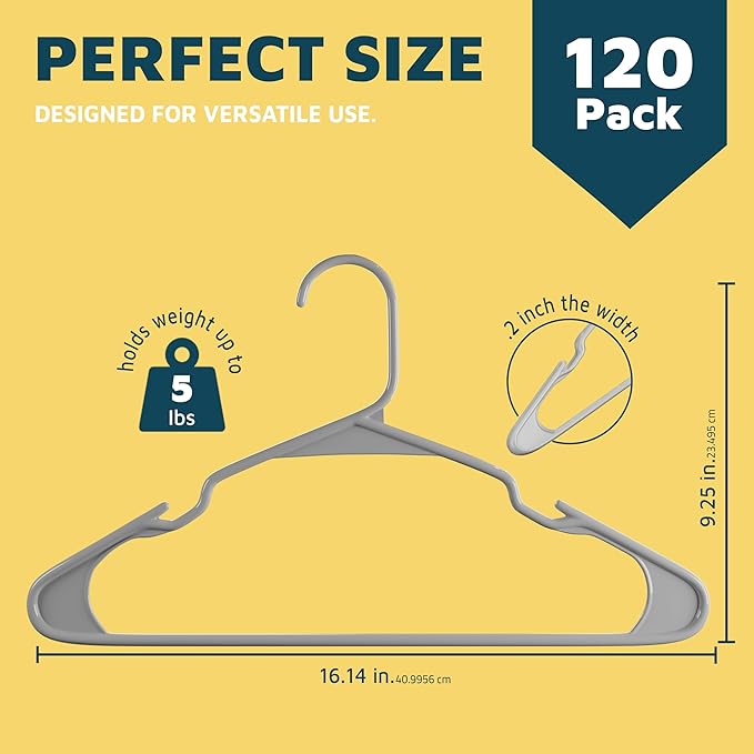 Lifemaster Plastic Clothes Hangers – Heavy Duty Hanger Set, for Organizing Clothes, Dresses, and Coat, Holds Up to 5 lbs, Space-Saving Hangers with Non-Slip Shoulder Grooves, Pack of 120, Gray