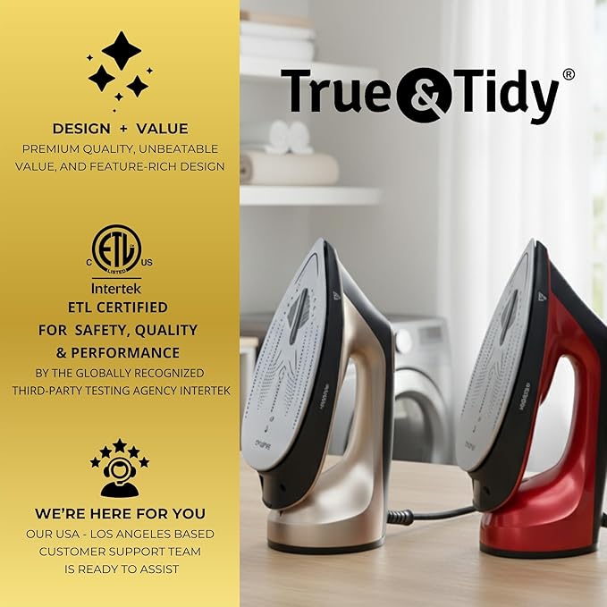 True & Tidy 2-in-1 Iron and Handheld Steamer, 1600W Dual Heating System with Ceramic-Coated Plate, LCD Display, No-Drip Technology, 3 Fabric Modes, Portable Garment Steamer for Home & Travel