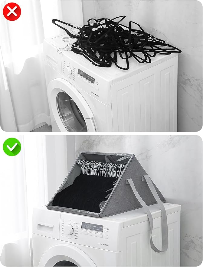 Qozary 2 Pack Upright Clothes Hanger Organizer Bag for Tangle-Free - Dual Compartments Hanger Storage Containers with Clear Cover for Closet Laundry Room, Foldable Organizer with Carry Handle