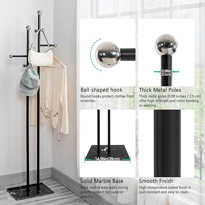 Coat Rack Freestanding with Marble Base, Heavy Duty Metal Clothes Rack, Corner Coat Tree Hat Rack for Entryway Bedroom Living Room Hotel 14.96 x 10.24 x 68.9 Inches (Black)