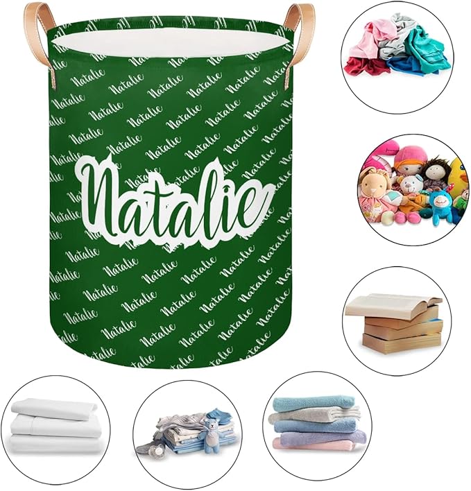 Personalized Laundry Basket, Custom Gift Laundry Hamper, Collapsible Nursery Waterproof Laundry Baskets, Dirty Clothes Toy Hamper with Handles Name Dark Green