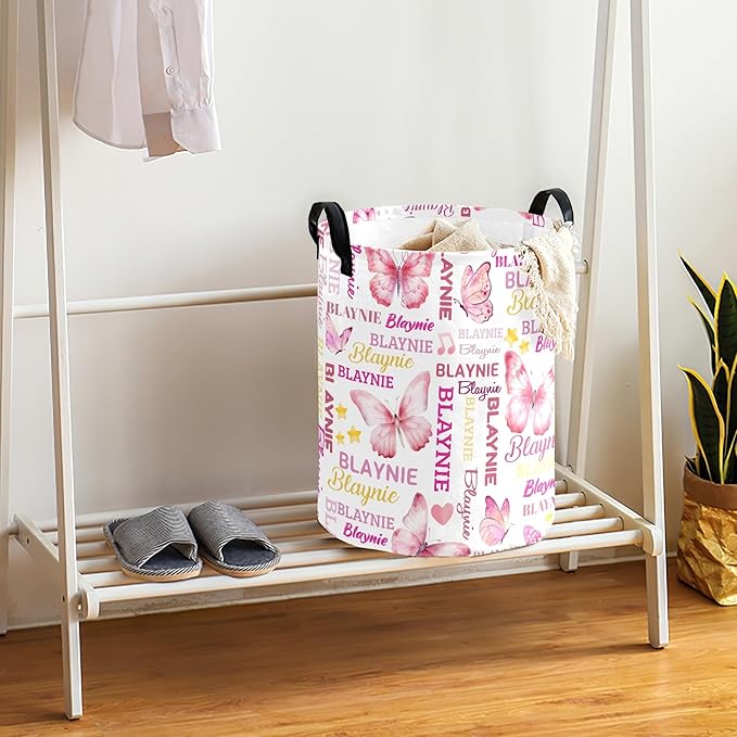 Large Custom Name Laundry Hamper, Butterfly Personalized Dirty Clothes Hamper Storage Basket with Name for Bathroom Bedrooms, Customized Name Circular Hamper with Handles for Baby Boys Girls Men Women