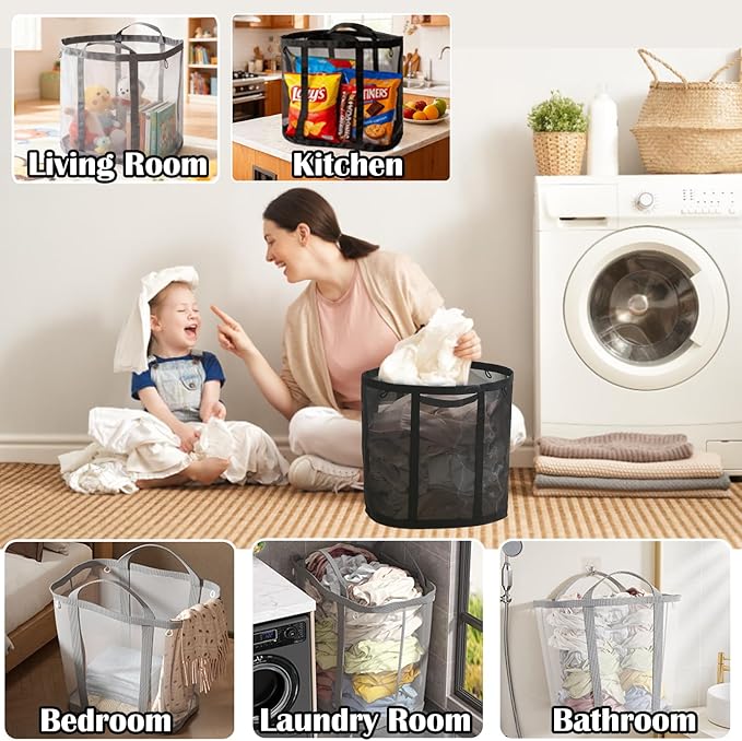 Collapsible Laundry Basket, Mesh Bag with Handles, Foldable Laundry Bag, Breathable Folding Beach Bag,Space-saving Tote Bags for Laundry, Bathroom, Dorm or Travel (Gray, 45L)