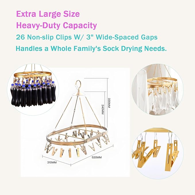 Sock Hanger for Drying with 26 Non-Slip Clips - Aluminum Hanging Drying Rack for Underwear, Baby Clothes & Delicates | Oval Design & Wind-Resistant Hook (Silver)
