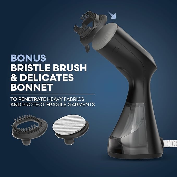 Conair Handheld Garment Steamer for Clothes, Compact Fabric Steamer for Home or Travel, Quick 30-Second Heat-Up, 10-Minute Continuous Steam, Includes Bristle Brush & Delicates Bonnet, Black, GS81